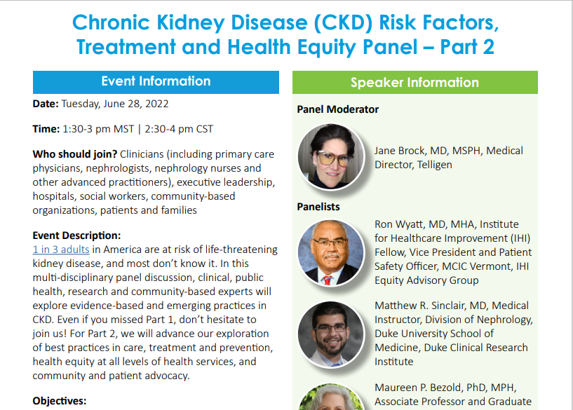 Chronic Kidney Disease (CKD) Risk Factors, Treatment and Health Equity flyer
