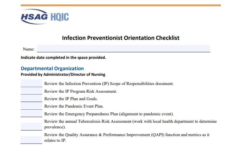 HSAG HQIC Infection Preventionist (IP) Orientation Checklist