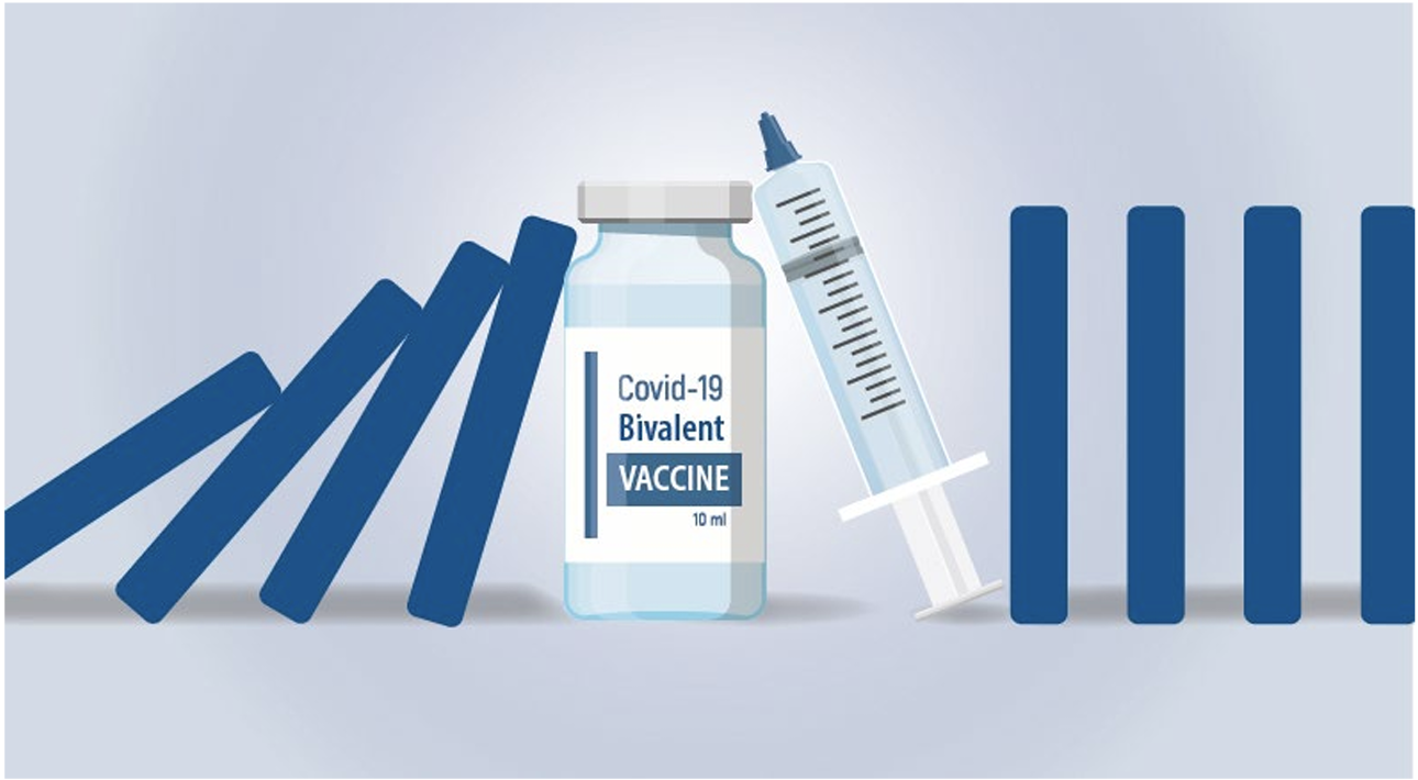 Graphic that shows a vial of the COVID-19 bivalent vaccine and a syringe leaning on the vial's right side.