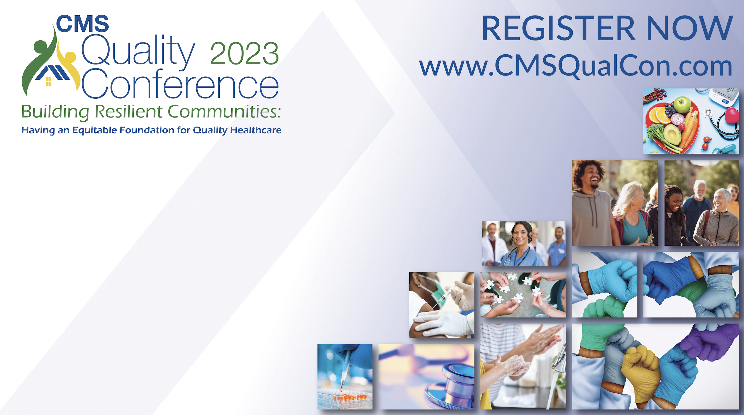 Graphic depicting the 2023 CMS Quality Conference logo with the words REGISTER NOW and a URL in the top right corner.