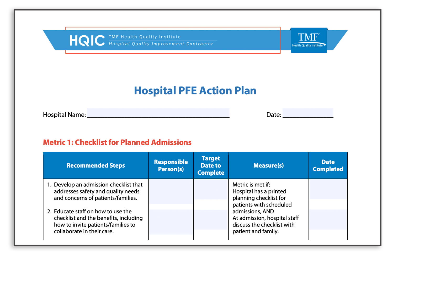 Screenshot of Hospital Person And Family Engagement Action Plan