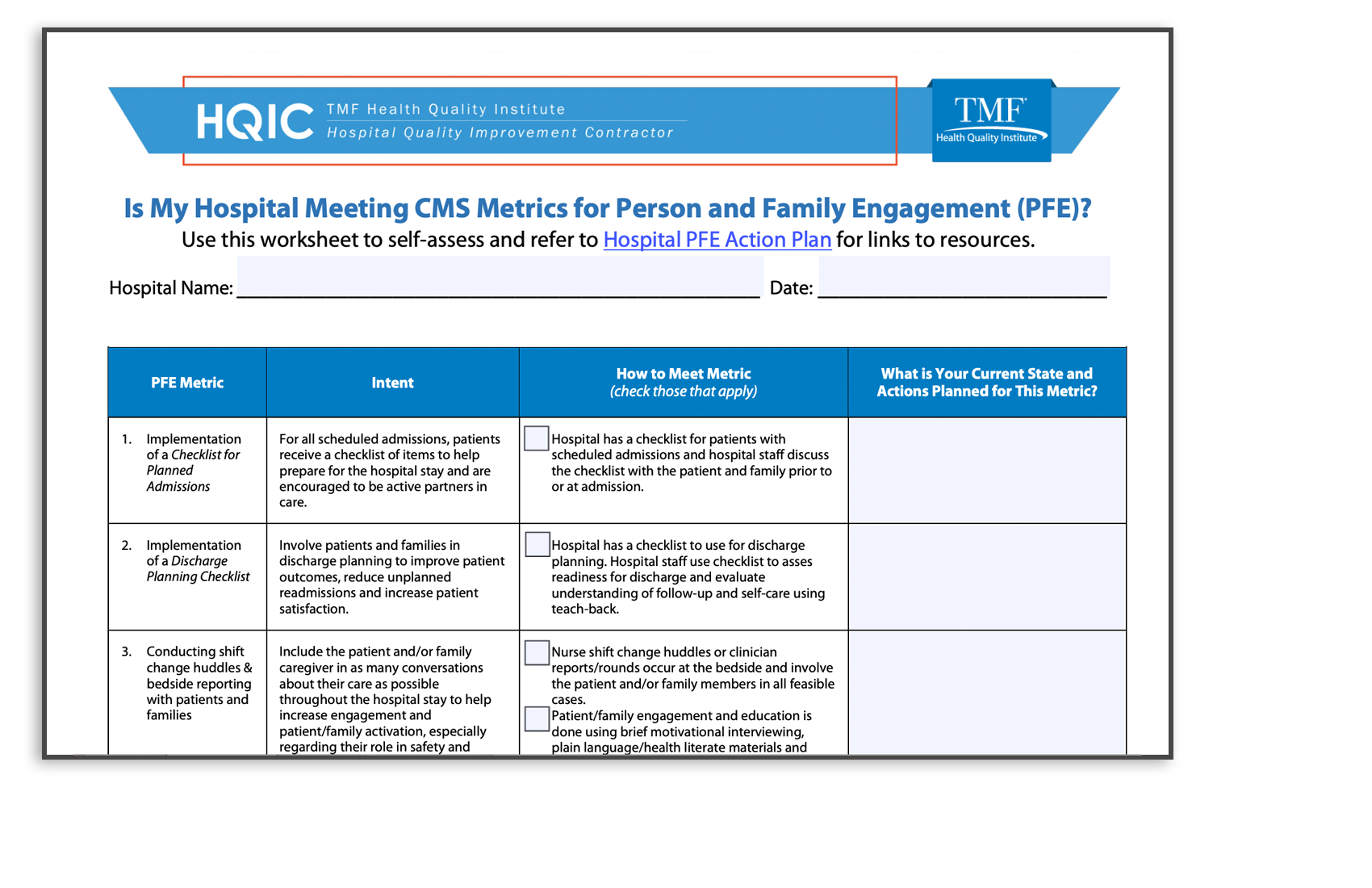 Screenshot of Person and Family Engagement Hospital Assessment