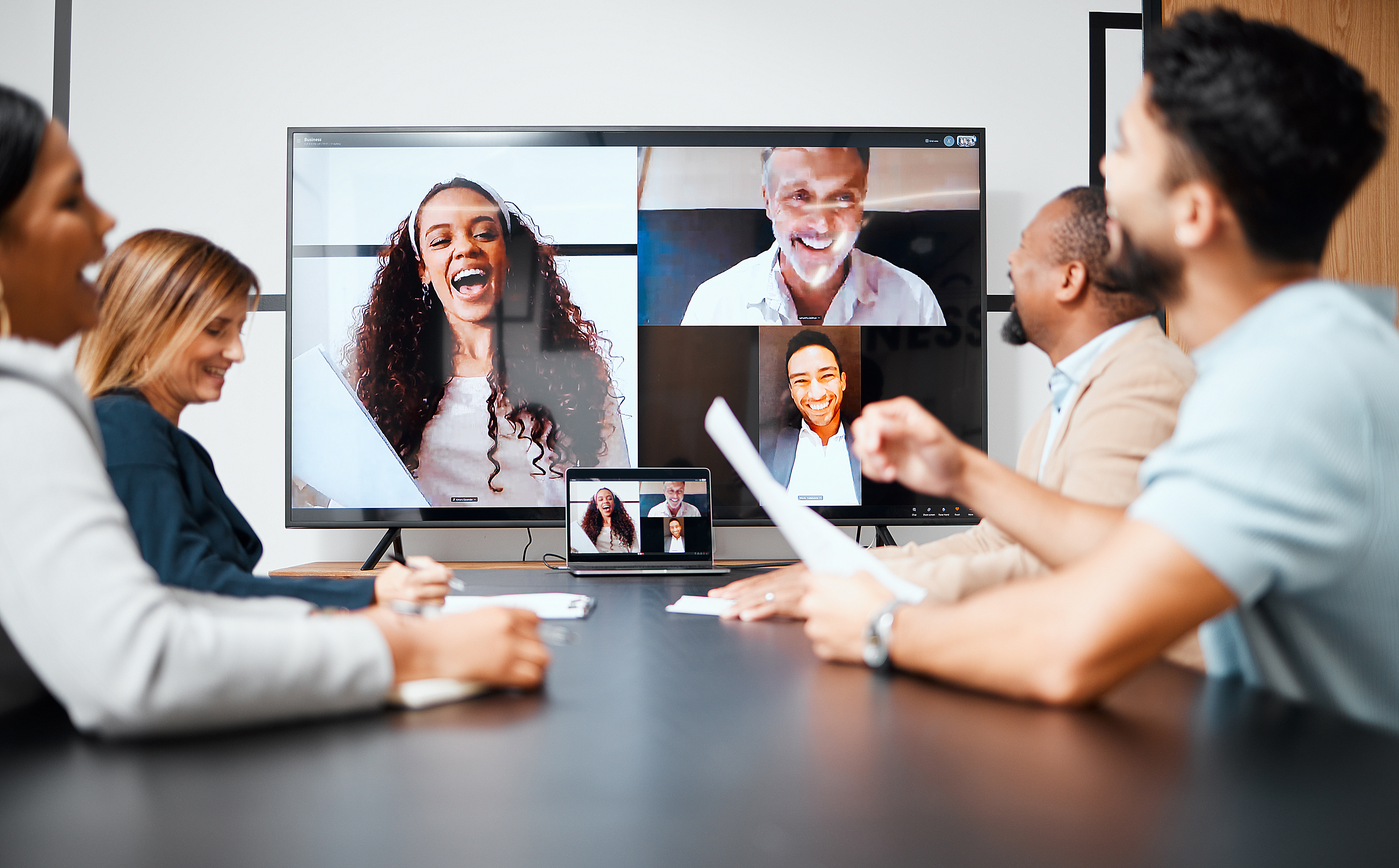 Video call, meeting and planning with a business team in the boardroom for a virtual conference or workshop.