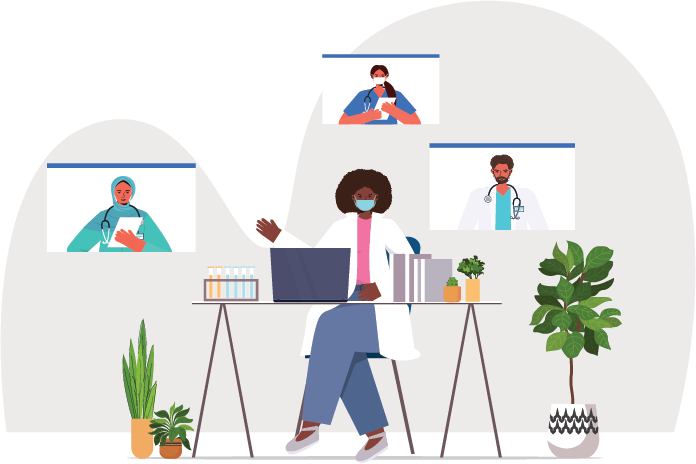 Illustration of doctors and nurses communicating virtually