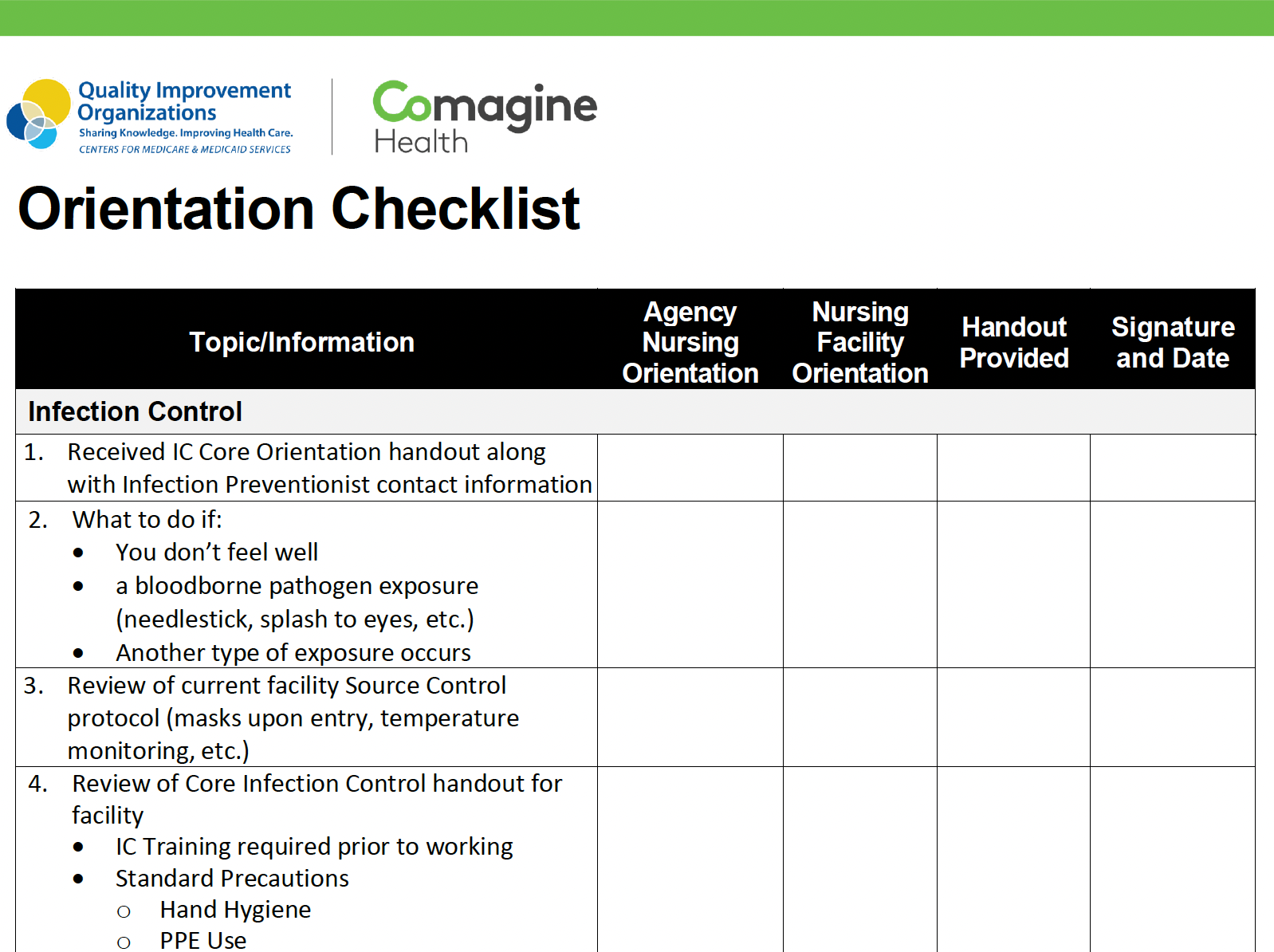 Screen shot of orientation checklist