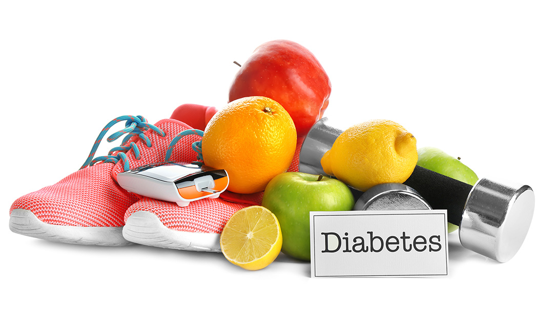 Composition with digital glucometer, sneakers, dumbbells and fruits on white background
