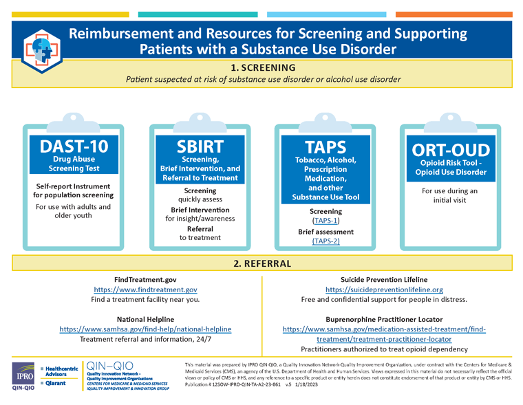 Screenshot of reimbursement and resources for screening and supporting patients with a substance use disorder