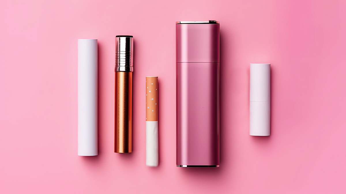 Different tobacco products on a pink background