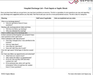 Sepsis Alliance Hospital Discharge Checklist