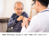 Doctor administering shot to senior patient. Date and time of event below.