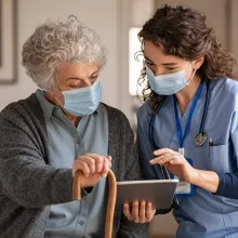 Woman and elderly lady looking at iPad