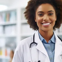 Portrait of female African American doctor standing in hospital