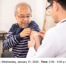 Doctor administering shot to senior patient. Date and time of event below.