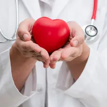Clinician holding a plastic heart in a health care setting