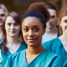 Group of medical professionals standing in a hall.