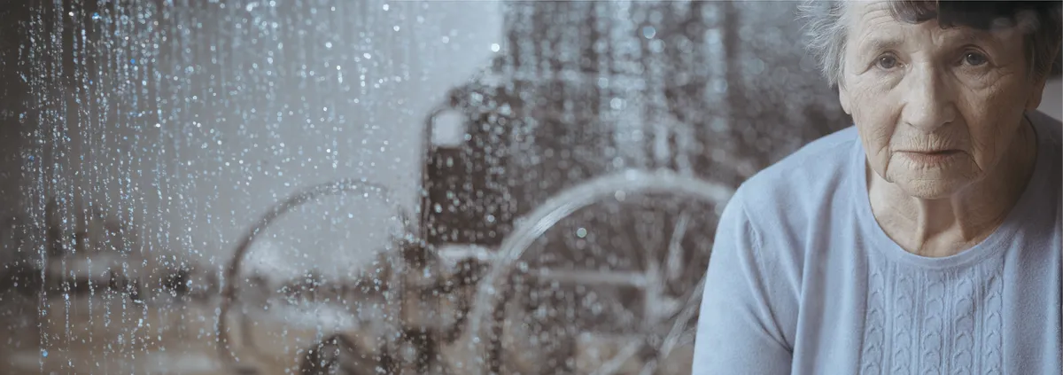 Image of a sad, elderly female looking out the window on a raining day.