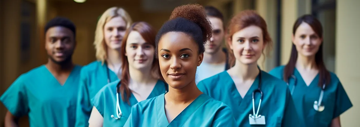 Group of medical professionals standing in a hall.